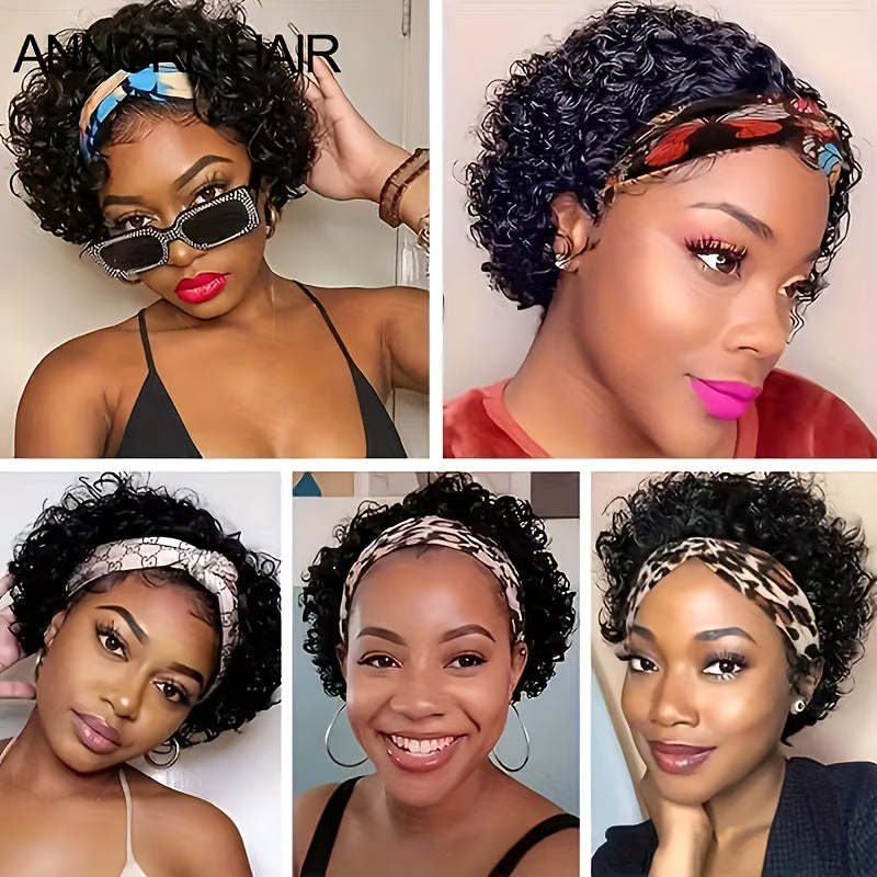 Brazilian Human Hair Wig Suitable for Skin Tones - 150% Density Kinky Curly Headband Wig with Natural Short Curly Hair, No Glue/Gel Application, Instant Volume for Beginners, for for Cosplay, Halloween & Daily Wear
