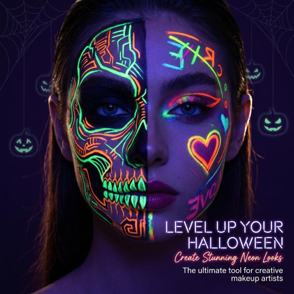 18-Color Face And Body Painting Pens And Reusable Stencil Set - Washable Doodle Makeup Pens, Erasable Glow Pens, This Neon Face Painting Pen for Parties, Commercial Events, Magic Shows, And Special Performances, Glow-In-The-Dark Body Painting