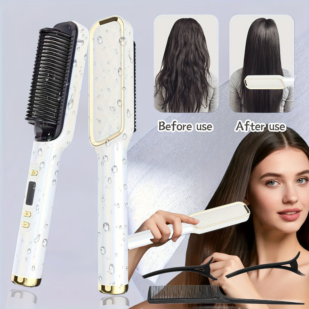 2 in 1 Curling Hair Straightener+2 Hairpins + 1 Comb, 35S Fast Hair Straightener, Women'S Hair Straightener, LCD Display Hair Straightener, 4-Speed Temperature Flat Iron Brush, Anti-Scalding, Birthday Christmas Gift