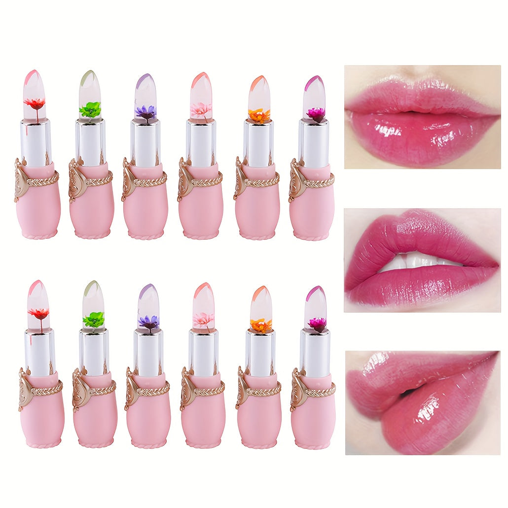 Set of 12 Pink And Black Flower Jelly Lipsticks That Are Long-Lasting, Moisturizing, And Color-Changing Lip Balms