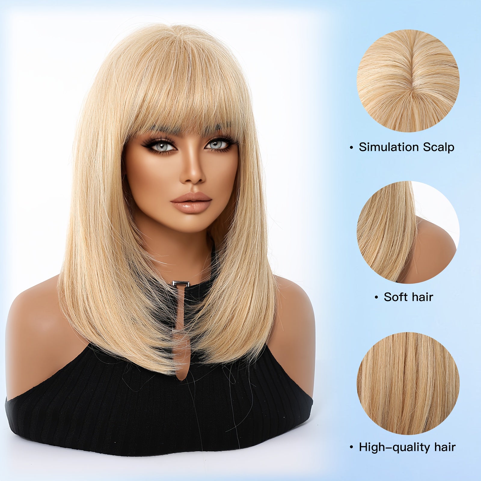 14Inch Golden Layered Straight Hair Women'S Wig With Bangs, Shoulder Length, Daily Fashion, New Fashion, For Work, Dress Up, Parties, Christmas, Synthetic Wig, High-temperature Silk, Comfortable Rose Mesh Hat, Valentine'S Day, Mother'S Day Gift