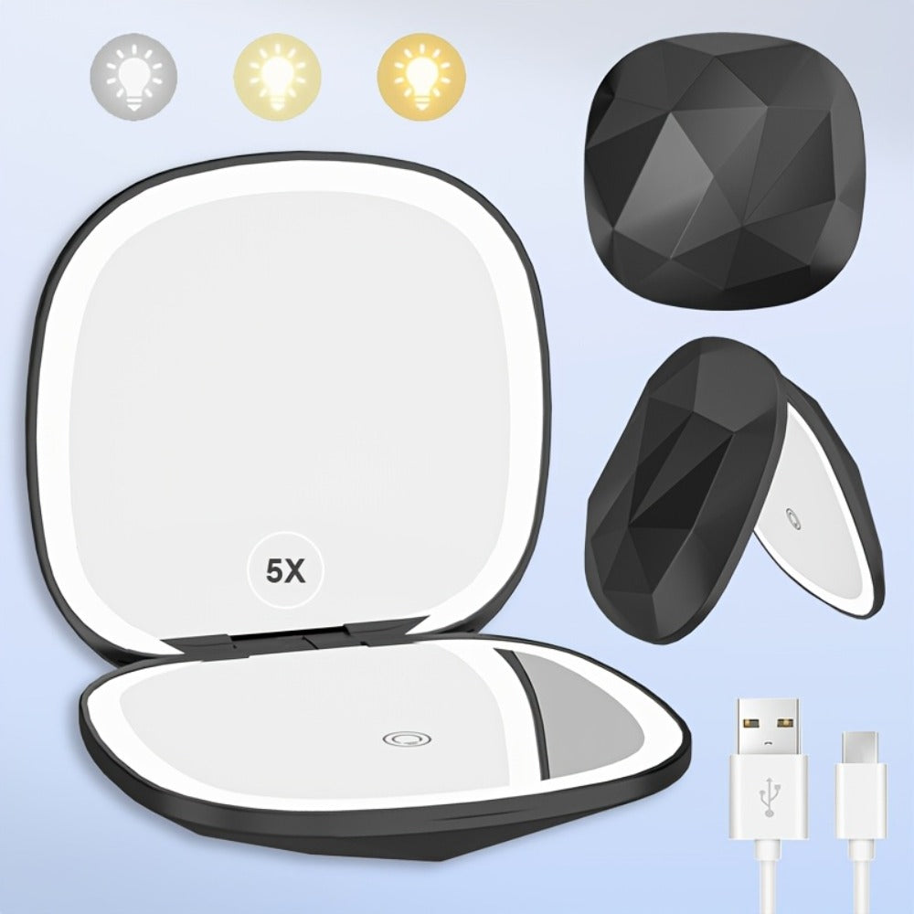 1X/5X Magnification 3 Colors LED Light Compact Travel Makeup Mirror with Light, One Side Magnifying Mirror And One Side Normal Mirror, Travel Portable for Purse And Travel Office Gift, Suitable for Makeup And Dressing Table.