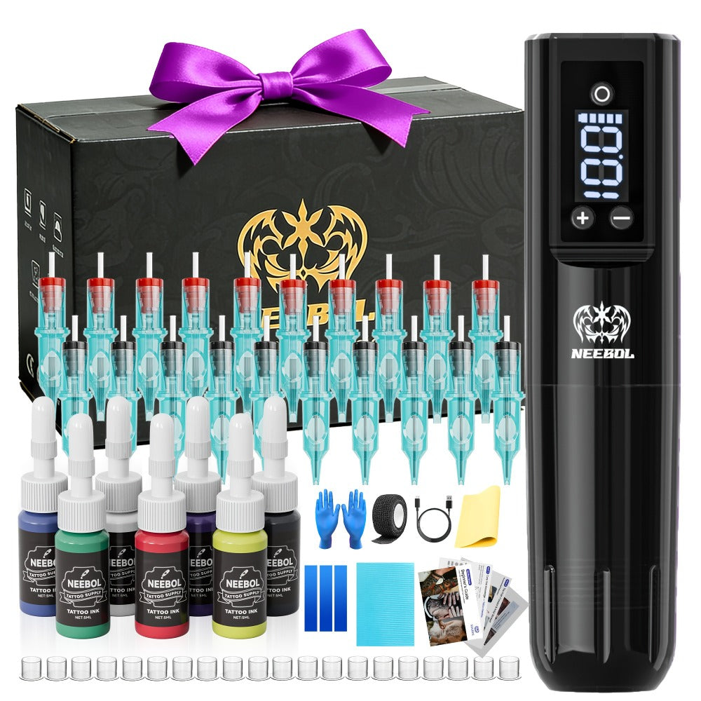 Neebol Wireless Tattoo Machine Kit Complete, Tattoo Pen With Screen Display, Tattoo Gun, 6 Hours Battery Life, Practice Skin, 10 Red Cartridge Needles, 7 Inks, Tattoo Supply Equipment For Beginners And Tattoo Artists, Makeup Body Art Easter Gifts