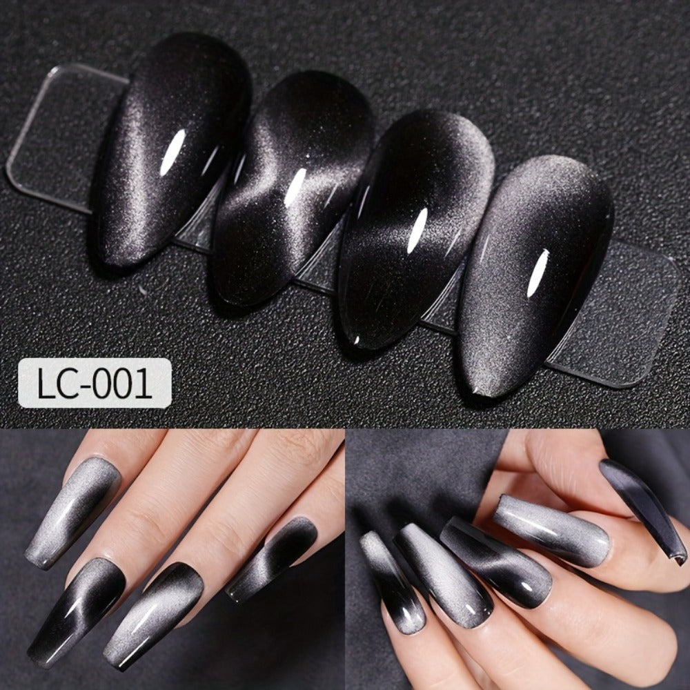 LILYCUTE 0.24oz 8pcs of Black Crystal Cat Magnetic Gel Nail Polish with Aurora Glitter, Semi-Permanent Gel for Nail Art, No Base Color Required