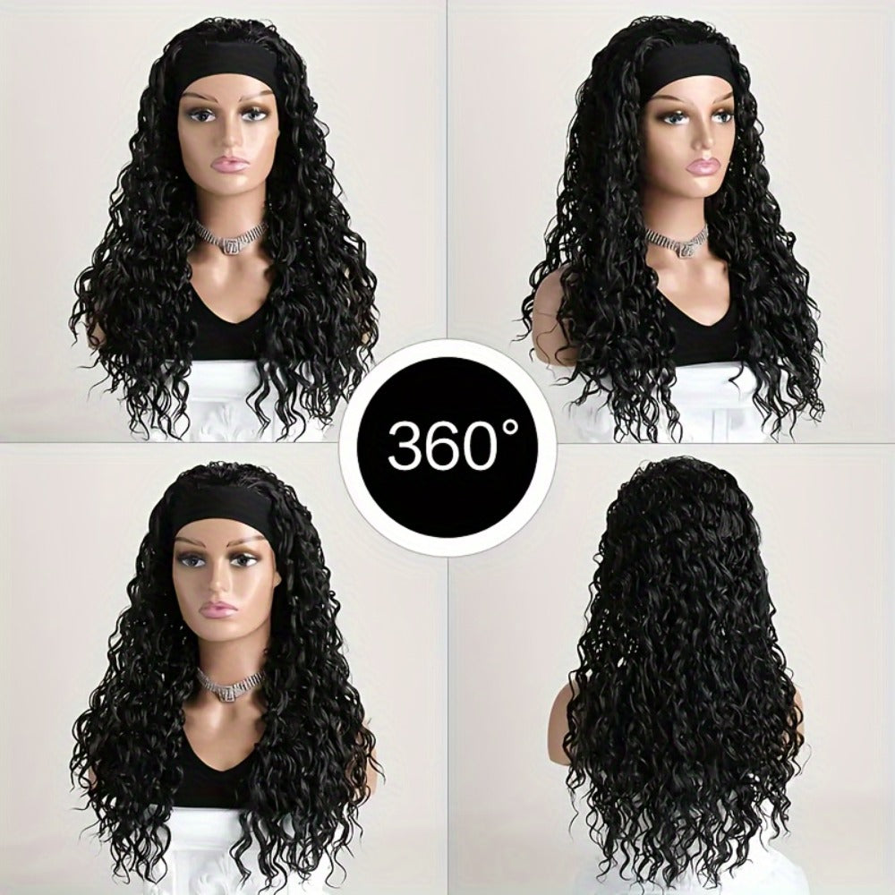 Headband Wig Curly Wavy Black Synthetic Glueless No Lace Elastic Cap Heat Resistant Fiber Beginner Friendly for Women Daily Wear Party Cosplay 12 16 22 Inch