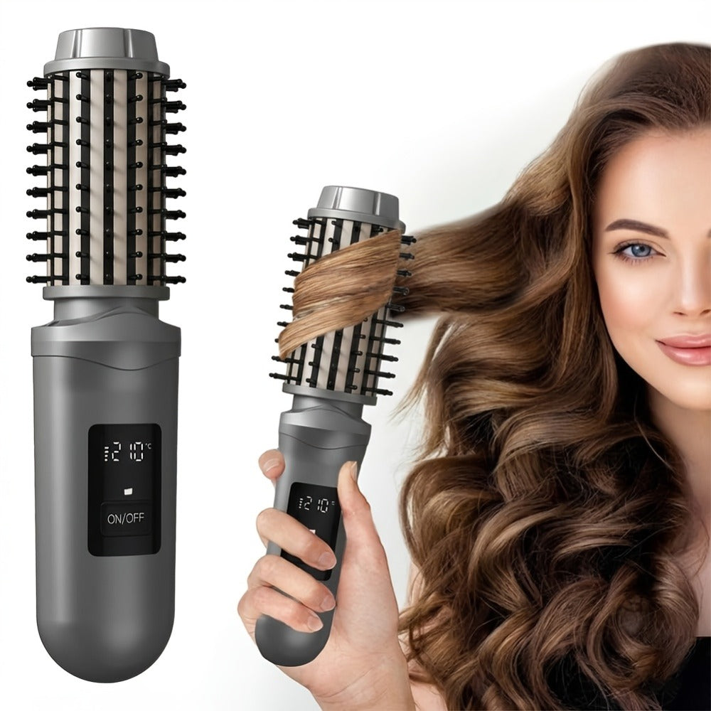 Cordless Hair Curler And Straightener Brush, Wireless Hair Curler, Wireless Curling Brush for Women, Rechargeable 2-In-1 Styling Tool with LED Display