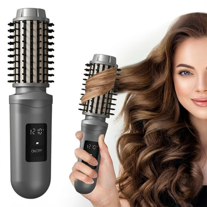 Wireless Hair Curler Brush 2-in-1 Cordless Straightener Styling Tool - Rechargeable LED Display Auto Curling Iron for Women Travel Home White Grey