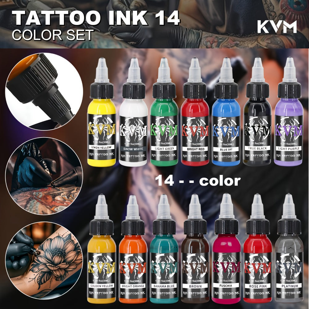 Tattoo Ink Set 1oz (30ml) - 7 or 14 Color Professional Tattoo Ink Kit, Stable Vibrant Pigments for Artists & Beginners, Complete Tattoo Color Supply for Machine & Gun