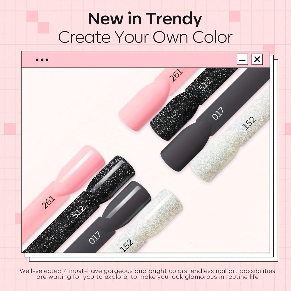A Starter Kit for Dip Powder Nails Featuring Four Colors: Soft Gray, Pink, Black Glitter, Along with Essential Liquids Including Base And Top Coats, Activator, Perfect for French Nail Art And Salon-Style Manicures