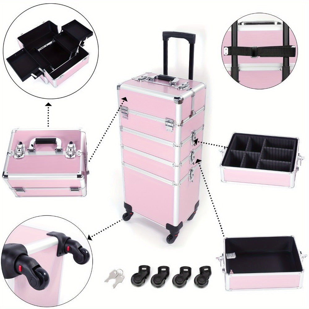 [With Wheels] 4in 1 Aluminum Cosmetic Professional Makeup Case Tattoo Box, Extra Large Cosmetic Case Rolling Makeup Case Trolley Makeup Travel Organizer with 360° Swivel Wheels Pink Black