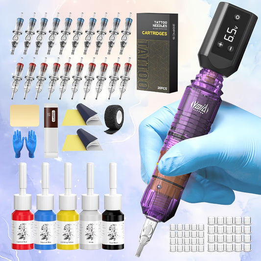 Wireless Tattoo Machine Kit Complete Set VOID Tattoo Pen 1200mAh Battery 20 Needles 5 Inks Practice Skin Transfer Paper for Beginners & Professionals