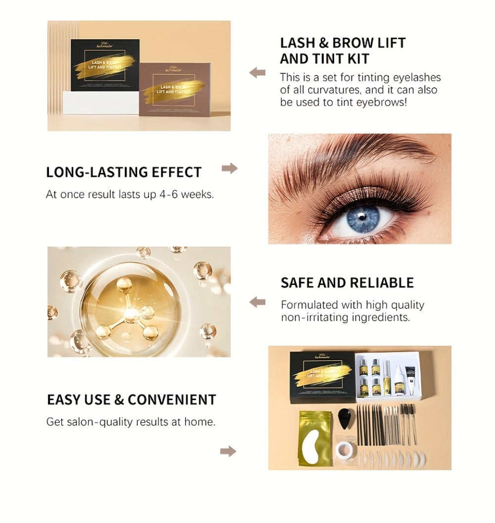 Lash and Brow Lift Tint Kit Brow Lamination Eyelash Perm Set - Long-Lasting Fuller-Looking Lashes & Brows Salon or Home Use Easy DIY Tint Dye Kit Black Brown