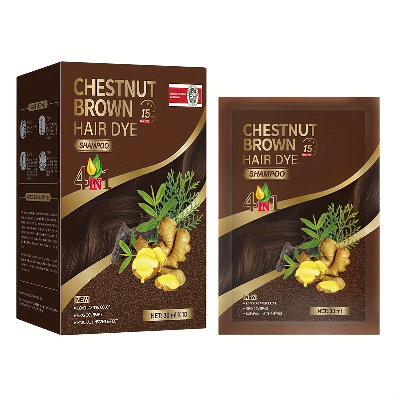 Hair Dye Shampoo 3-in-1 Portable Sachets Box of 10 Packs - Natural Hair Color, Deep Cleansing, Grey Coverage, Travel-Friendly Individual Packaging for Men & Women, Black Dark Brown Chestnut Coffee
