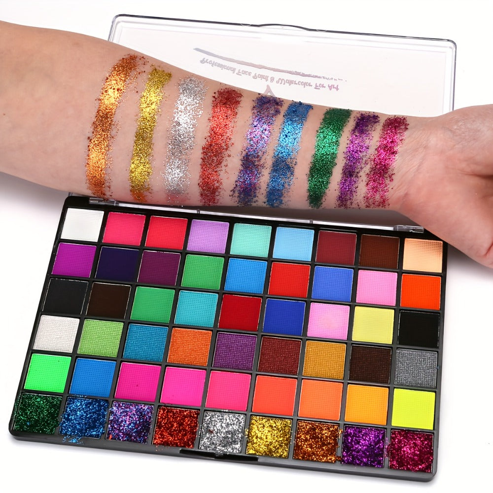 Face Body Paint Set 54 Colors — Matte, UV Fluorescent & Glitter Palette with Pattern Templates, Brushes & Tattoo Stickers for Sports, Cheerleading, Festivals & Parties