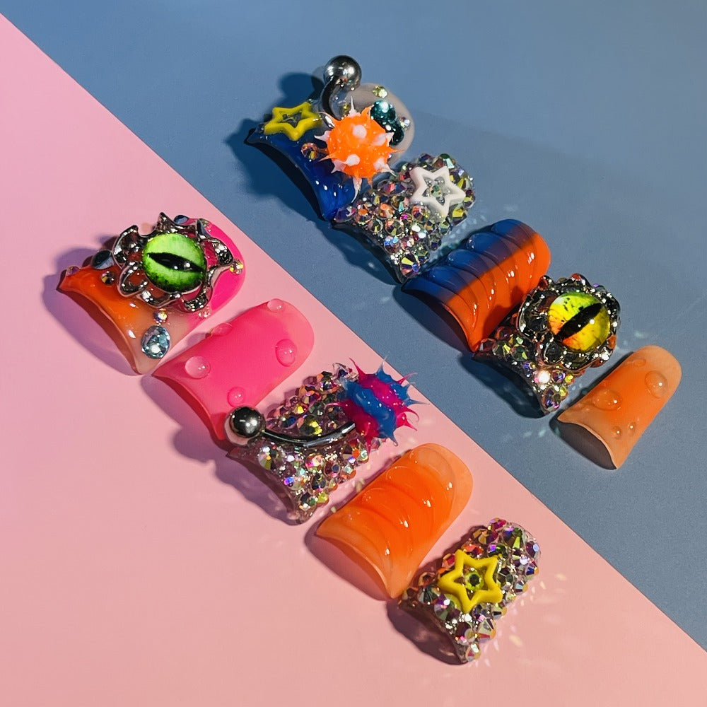 Y2K Piercing Charm Press on Nails Handmade Duck Nail with Nightmare Eye And Barbell 3D Nail Charms, Rhinestone Nails For, Trendy Party Nail Art