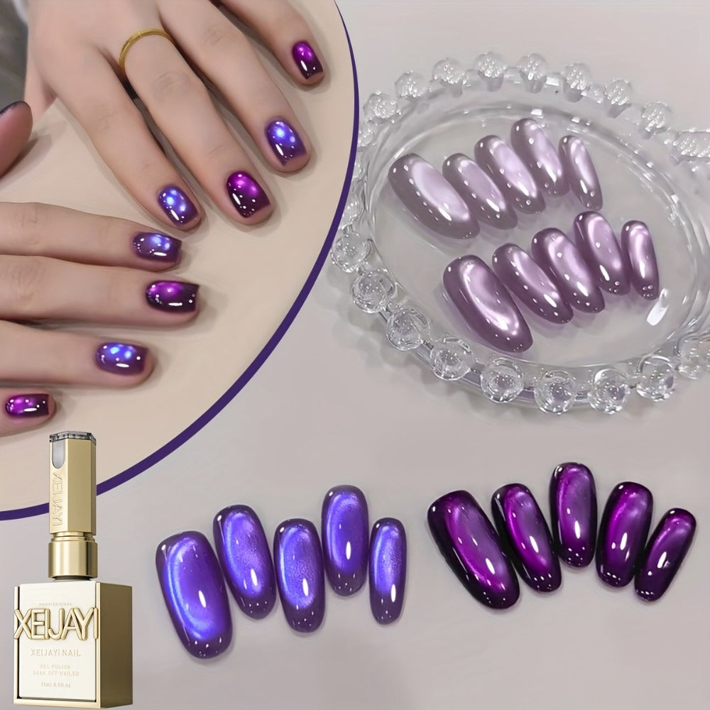 XEIJAYI Frame Bottle Nine Purple Fire + M130 - A New Set of Nail Art Featuring Super Bright Cat Eye Gel in Four Colors, Showcasing an Ultra-Glossy Glass Bead Effect with a Purple Iridescent End