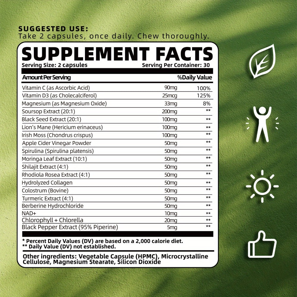 Soursop Graviola Capsules - Laboratory-tested Advanced Ingredient Blend - 24IN1 = Digestion, GUT Health, Provides Antioxidant Benefits for Man and Woman. - 60 CAPSULES
