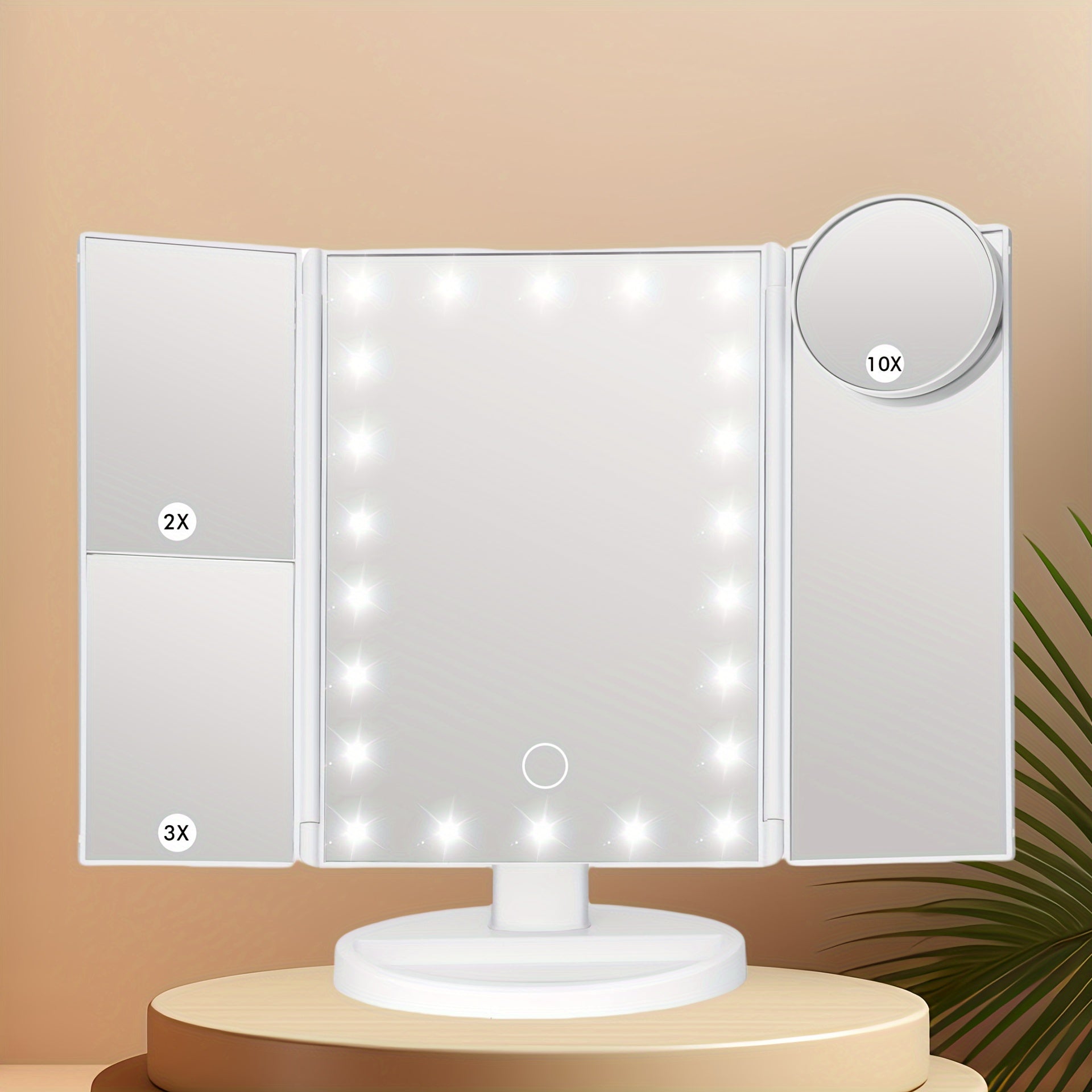 LED Trifold Mirror with Magnifying Mirror, Lighted Cosmetic Mirror Dressing Mirror, Bathroom Adjustable Brightness Mirror, 1X/2X/3X/10X Magnification And Touch Screen Trifold Cosmetic Mirror, Two Power Modes