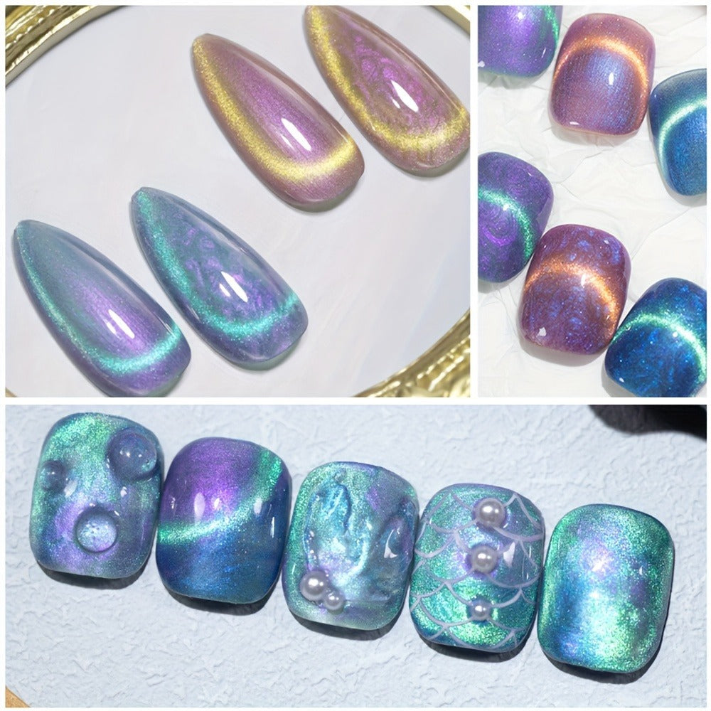 PUENTE 6pcs/set Aurora Shell Thread Cat Magnetic Gel Nail Polish With Magnet Semi-Permanent Nail Art 9D Aurora Glitter Pearl Cat Eye Gel Varnish, Soak Off Light Cured, Manicure Kit For Home Nail Salon Gift For Women