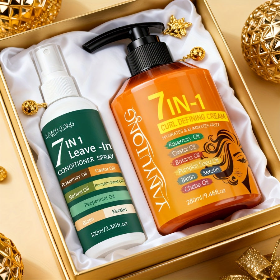 [2-Pack]Upgraded 7-in-1 Hair Styling Cream 9.47oz + 7-in-1 Fragrance Leave-in Hair Spray 3.38oz - with Rosemary/Castor/Batana/Pumpkin Seed Oils, No-rinse Anti-frizz for Lasting Moisture, Voluminous Curls & All Hair Types (Long-lasting Scent)