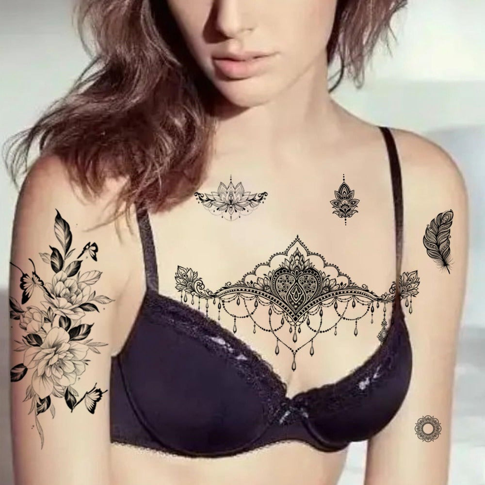 60+pcs Temporary Tattoos for Women with 10 Large Realistic Body Suitable for Parties, Festivals, Swimming - Fake Tattoos for Chest, Neck, Underboob & Application