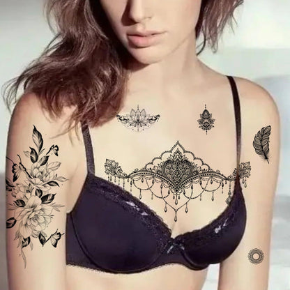 Fake Tattoos for Women 60+ Pcs with 10 Large Realistic Body Art Designs, Waterproof Temporary Tattoos for Chest Neck Underboob, Party Festival Swimming Tattoo Stickers