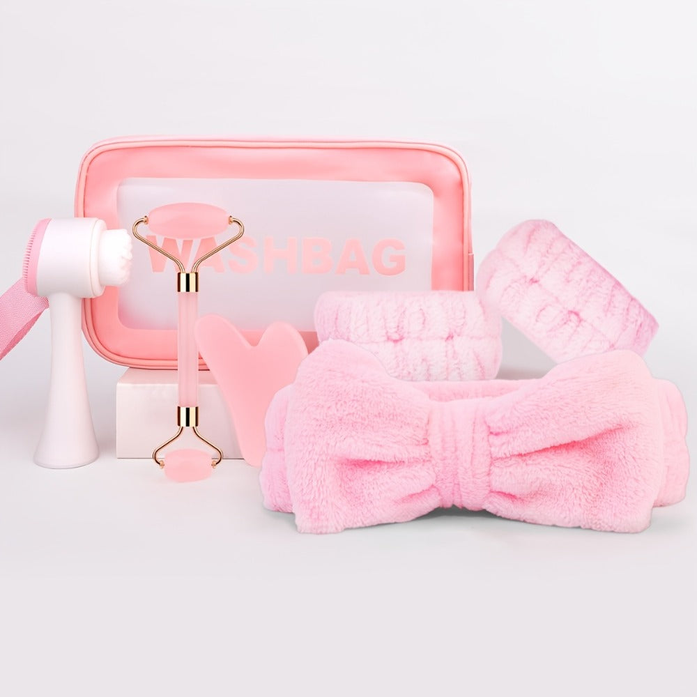 Facial Cleansing Massage Set 7Pcs Silicone Face Brush Double-Headed Roller Massager Heart Scraping Board Wristbands Hair Band Storage Bag Skincare Tool for Women