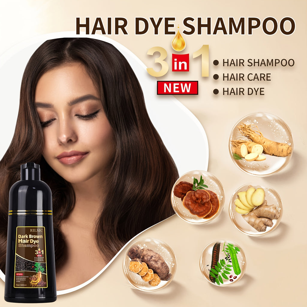 RILSIC 1pc Hair Dye Shampoo 3 IN 1 For Women & Men, Instant Hair Color, 100% Grey Hair Coverage, Plant Squalene Natural Hair Dye Coloring In Minutes (16.91oz)