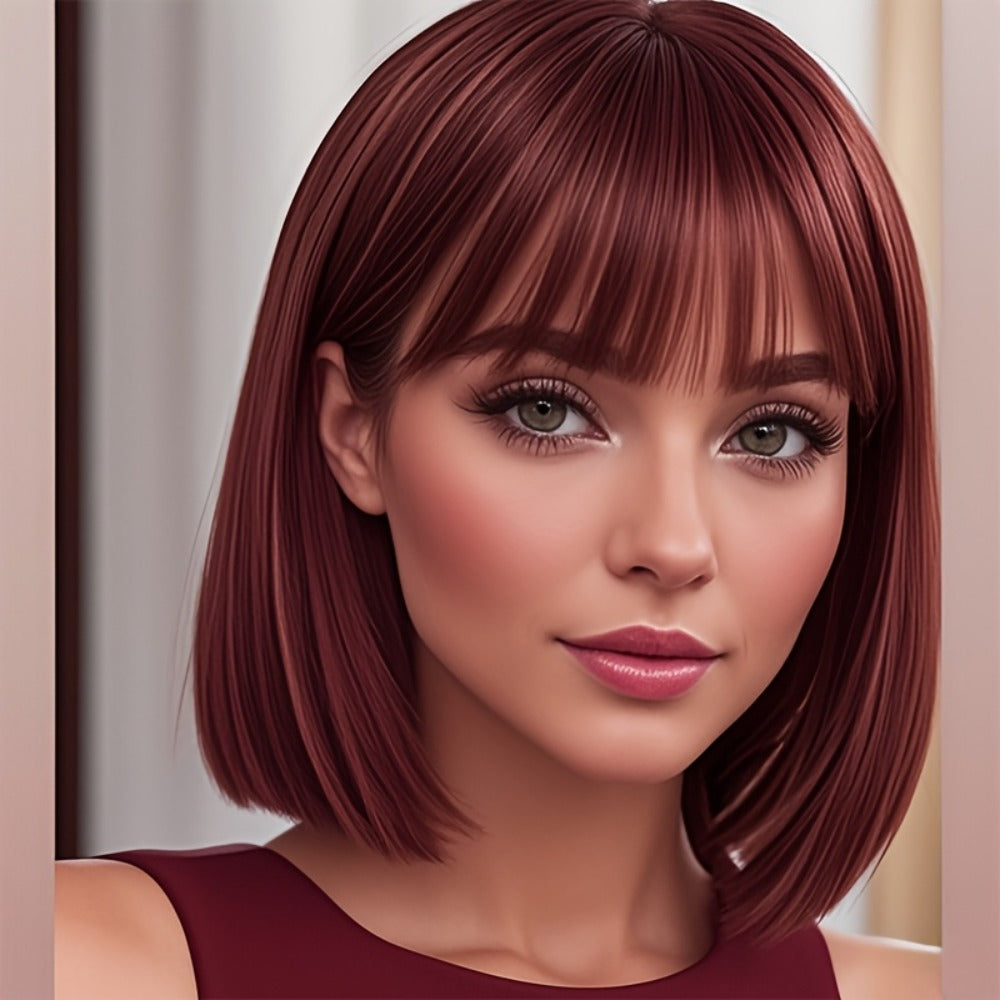 Synthetic Wig with Bangs 12 Inch Rose Net Cap for Women Light Yellow Gradient Brown Red Highlights Light Brown Daily Wear Party Cosplay Role Play