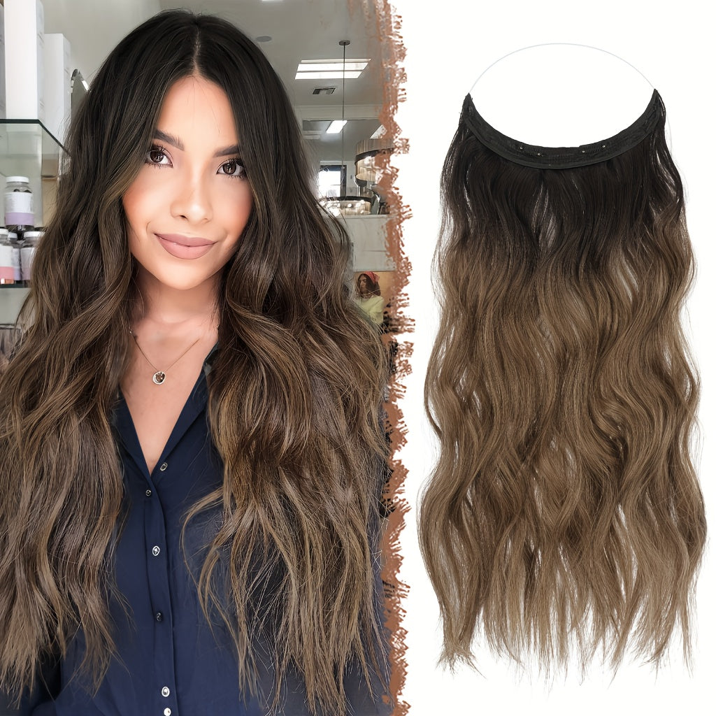 FESHFEN 18 Inch Brown Mixed Ash Blonde Invisible Wire Hair Extensions with Clear Wire Synthetic Long Wavy Wigs for Women Halloween Party And Christmas Use