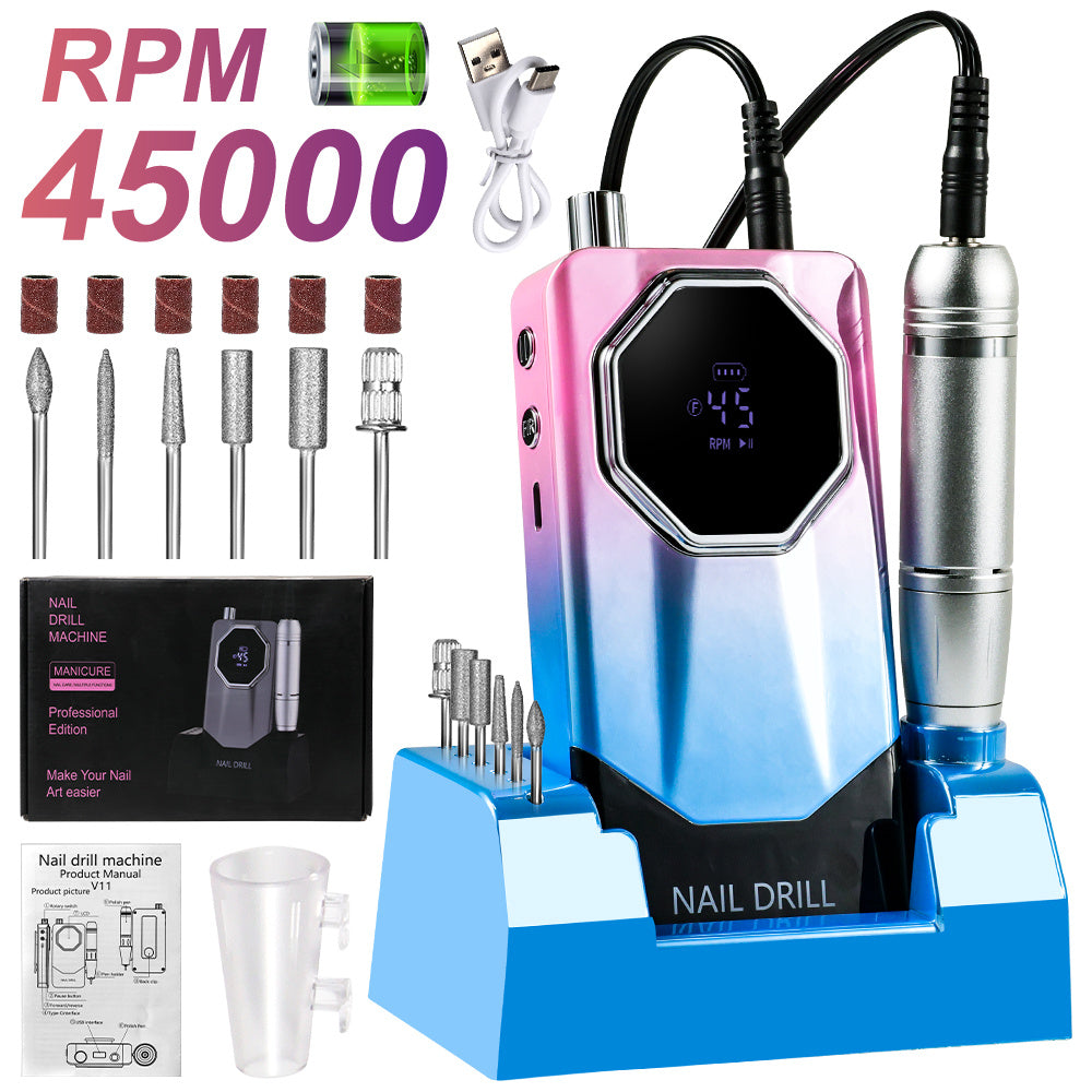 45000RPM Electric Nail File Kit | Portable Nail Drill for Acrylic Nails Gel Polishing Removing, Professional Rechargeable Electric Nail E File Kit for Manicure Salon Home, USB Powered, LCD Display, Brushed Motor, Plastic Material