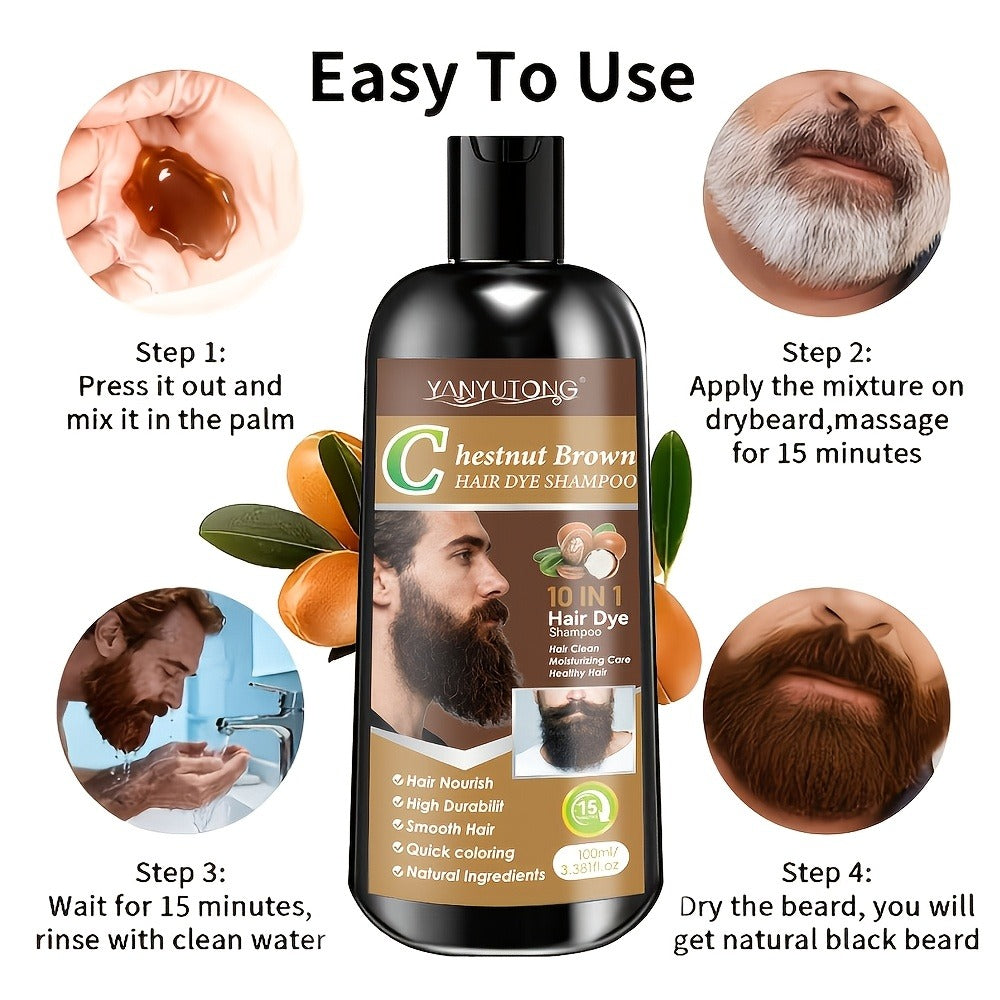 Color Shampoo for Beard & Hair — Natural Plant Dye Formula, Quick Gray Coverage, Gentle on Scalp | 3.38oz | Black, Dark Brown & Chestnut Brown