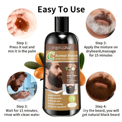 Color Shampoo for Beard & Hair — Natural Plant Dye Formula, Quick Gray Coverage, Gentle on Scalp | 3.38oz | Black, Dark Brown & Chestnut Brown
