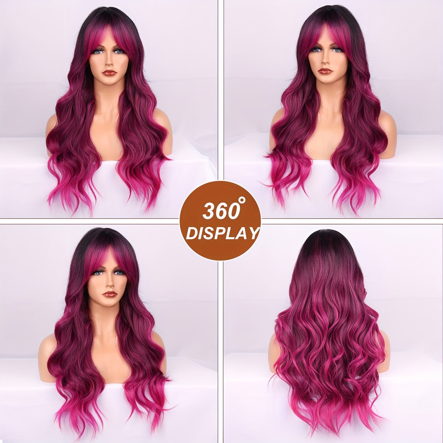 Long Wavy Ombre Purple Wigs for Women Ombre Rose Red Body Wave Synthetic Wig with Bangs Side Part Dark Purple Heat Resistant Wig for Daily Party Costume Halloween Use, 26 Inch Mother's Day