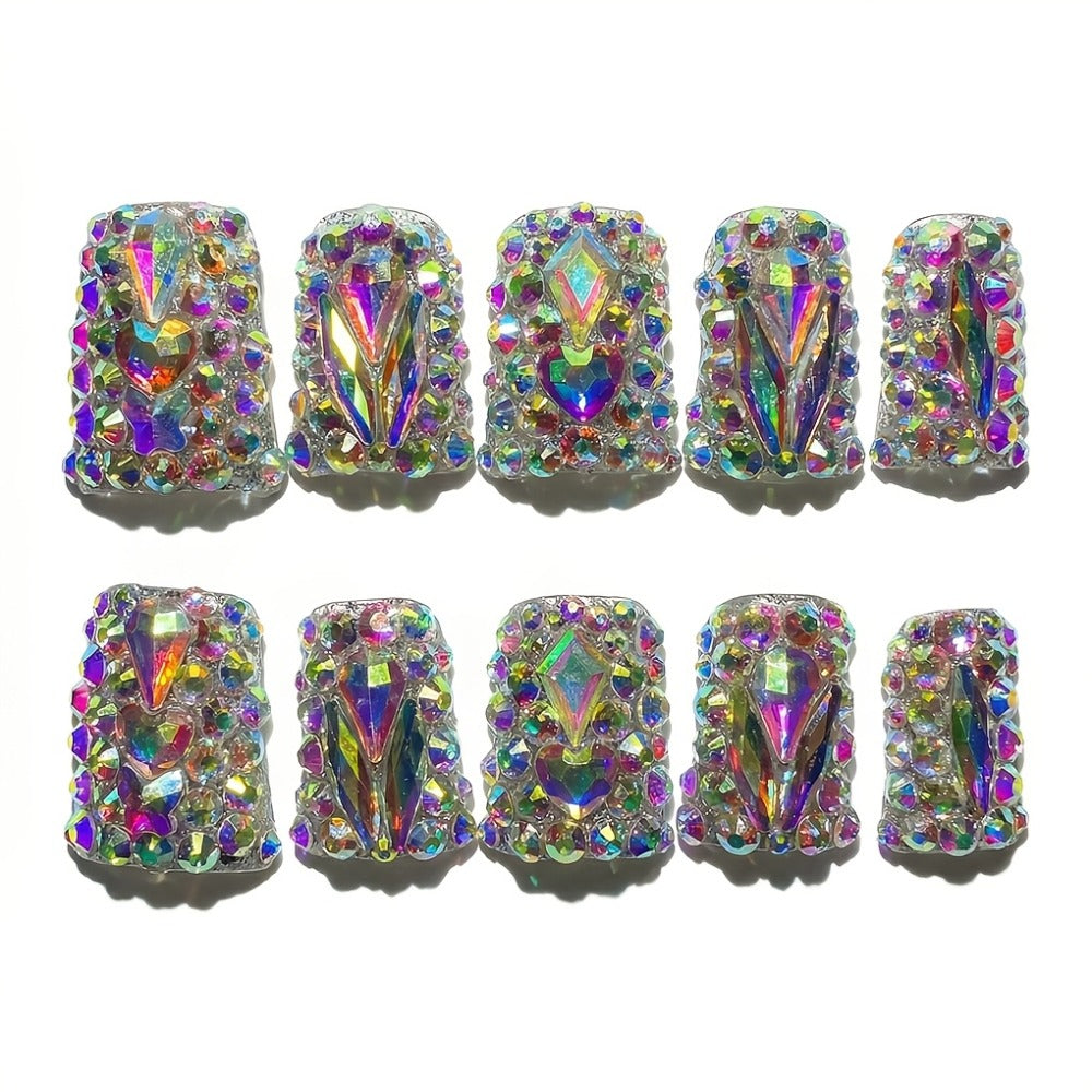 10pcs Lonnailssy Luxury Handmade Press-On Nails - Short Duckbill Shape with Sparkling AB Crystal & Colorful Diamond Accents, Salon-Quality, Reusable, Protected - Perfect for a Glamorous Look