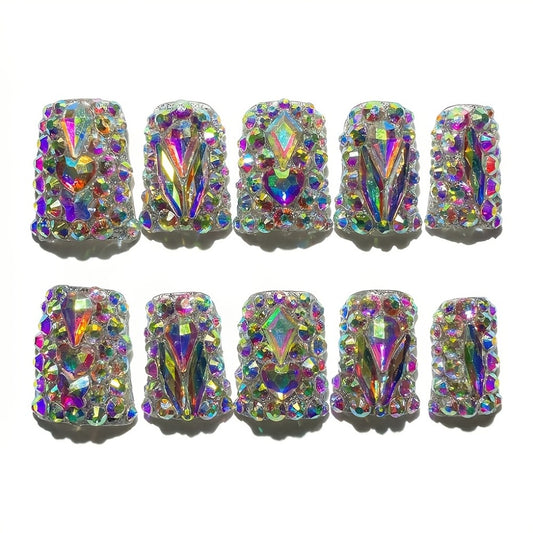 10pcs Lonnailssy Luxury Handmade Press-On Nails - Short Duckbill Shape with Sparkling AB Crystal & Colorful Diamond Accents, Salon-Quality, Reusable, Protected - Perfect for a Glamorous Look