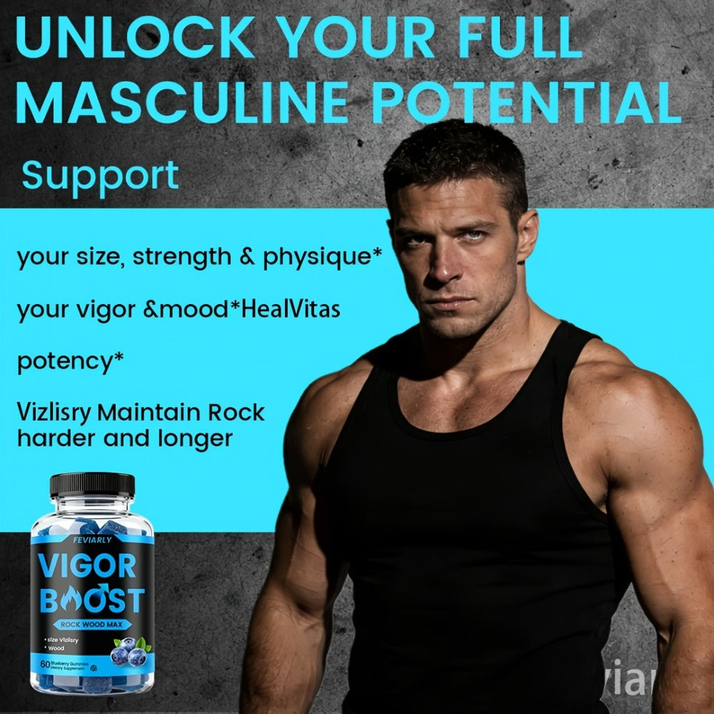 Vigor Gummies, for Male Booster, Vigor Long Gummies, Male Potence - Blue Chew for Men, Fast Acting Supplement for Men+Drive, ROCK Wood Supplement, Size, with Zinc, Shila Maca, Rock Hard, Blueberry Flavor-60 Gummies