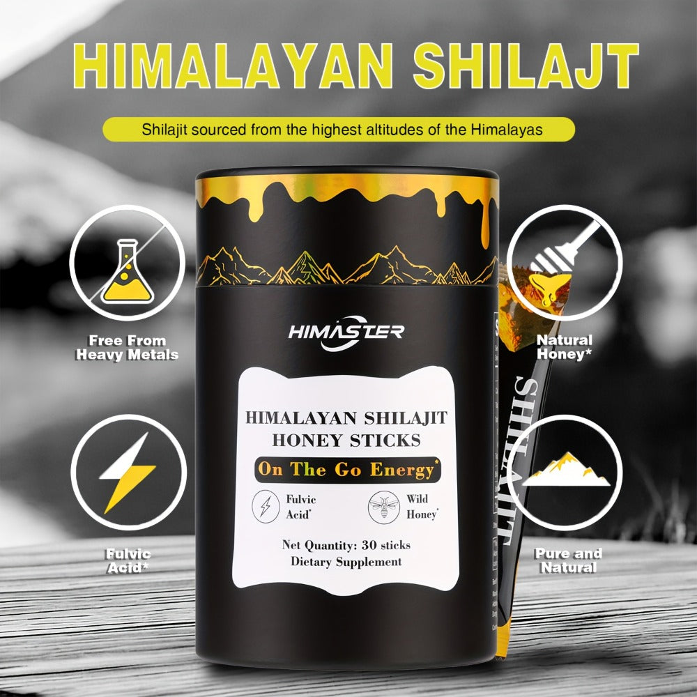 Himaster Shila Honey Sticks, 30 Sticks 1 Bottle Easy to Consume, Shila for Support, Vitality, 85+ Trace Minerals, 75%+ Fulvic Acid for Men & Women Himalayan Shila Sticks with Honey & Saffron