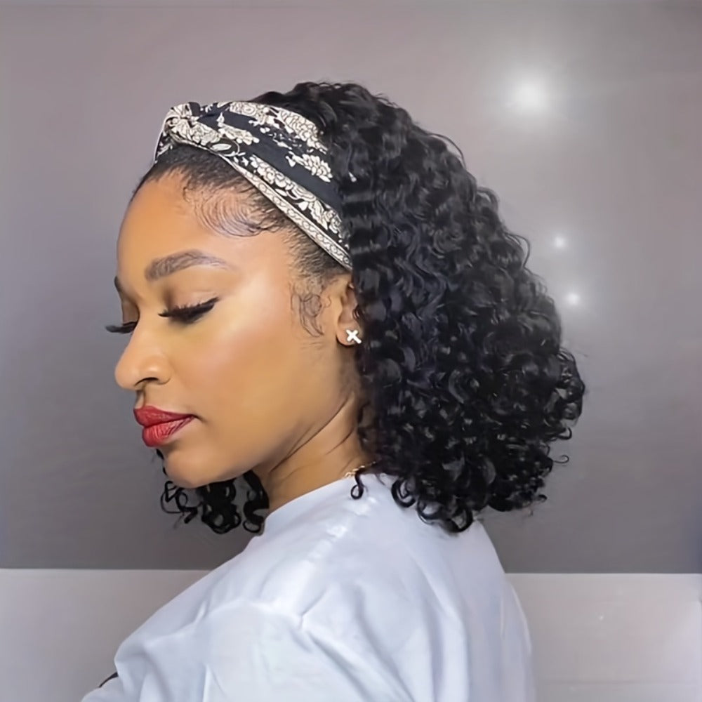 Kinky Curly Headband Wig Human Hair 180% Density — Brazilian Glueless No Lace, Full Machine Made Wig for Women, Natural Color, 14–20 Inch