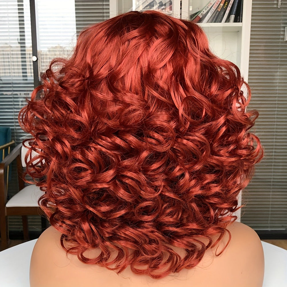 Short Curly Wig with Bangs Jerry Curl Synthetic Lace Front Wig 14 Inch Heat Resistant 13x1 Lace Wig for Women Daily Wear Cosplay Dark Brown Copper Red Dark Wine