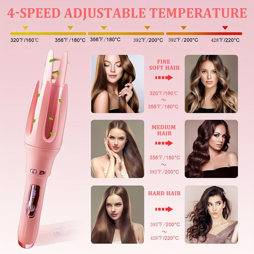 Automatic Curling Iron 32mm with 4 Temperature Settings, Essential Oil Coating & Anti-Scald Protection — Moisturizing Hair Care Technology, Purple, Includes Hairpins and Comb
