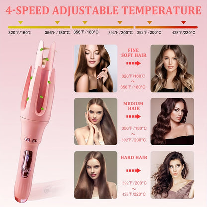 Automatic Curling Iron 32mm with 4 Temperature Settings, Essential Oil Coating & Anti-Scald Protection — Moisturizing Hair Care Technology, Purple, Includes Hairpins and Comb
