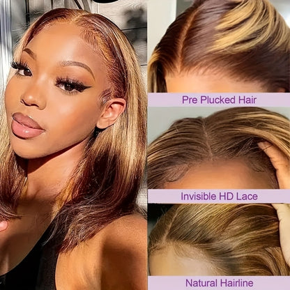 Lace Front Bob Wig 5x1 Short Straight P4/27 Honey Highlight 180% Density Glue Free Wear and Go Pre-Painted Pre-Styled Human Hair Wig Women 8-14 Inch