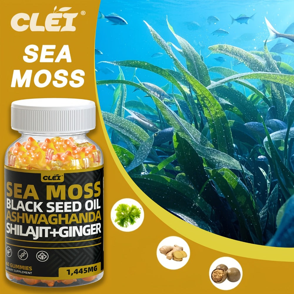 Sea Moss, Black Seed Oil, Ashwagandha, Ginger, Shila Gummies with Elderberry, Chlorophyll, Turmeric, Bladderwrack 1445mg, 60 Gummies | 1/2/3 Bottle