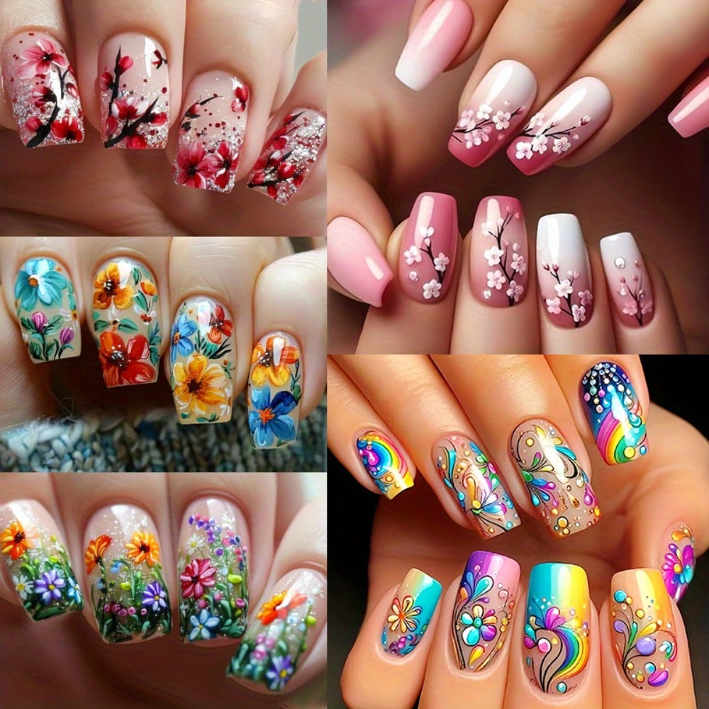 120pcs 5pcs Mixed Color System Nail Art Set, Glossy Finish, Square, Medium Length, Floral and Striped Patterns, Spring/Summer Removable Nail Art Stickers