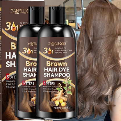 Brown Hair Dye Shampoo 2-Pack 3.38oz — Polygonum Multiflorum & Ginger Extract, Covers Gray Hair, Deep Moisture Anti-Frizz Long-Lasting Color