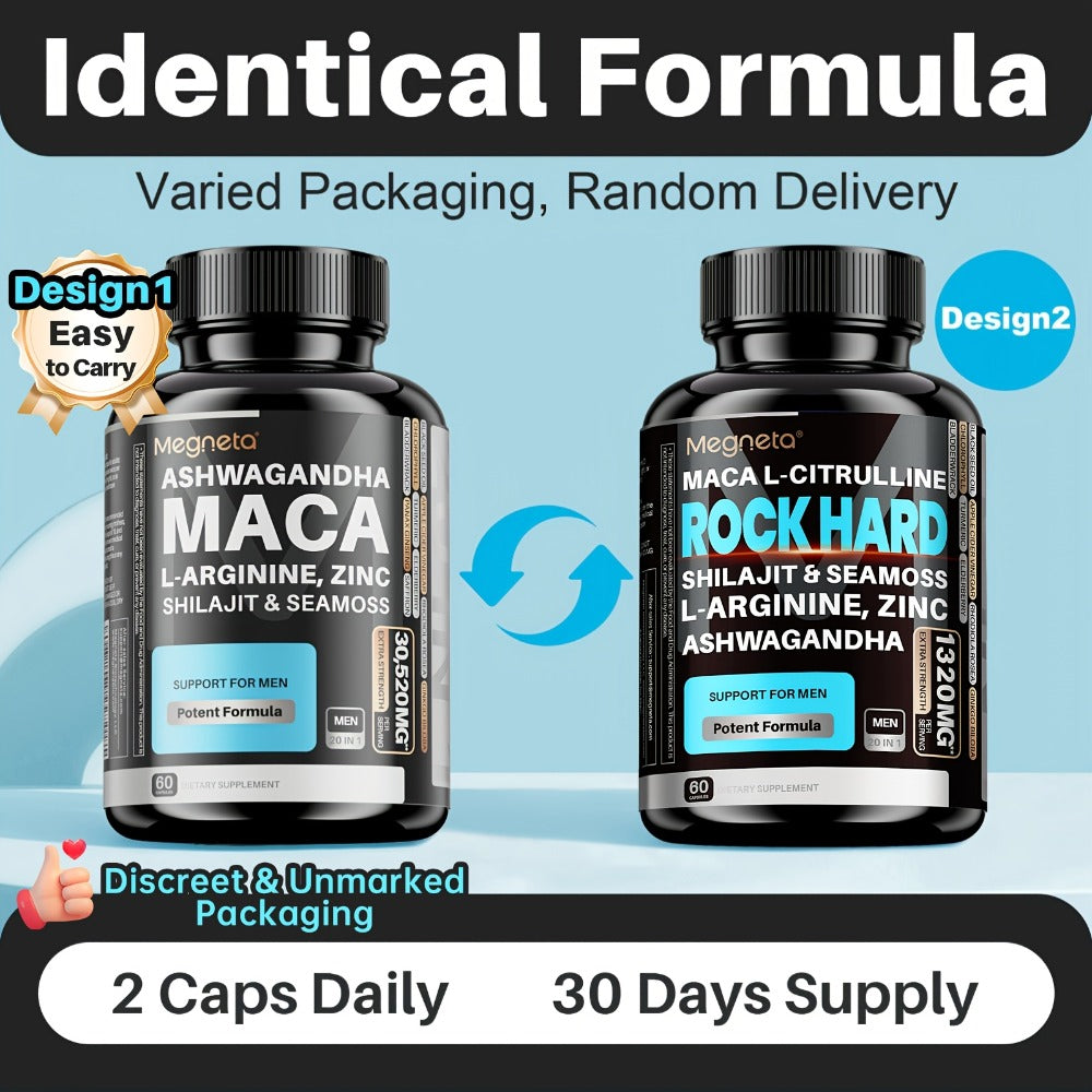 ROCK HARD Supplements | Strength, Energy & Vitality | With Shilajit, Ashwagandha, Maca, Sea Moss, L-Arginine | Day& Night Support, 60 Capsules, 30-Day Supply