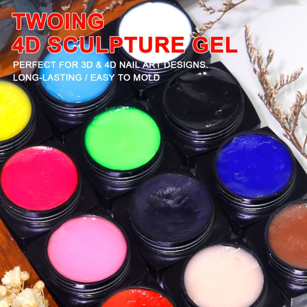 3D 4D Sculpture Gel Nail Art Kit 12 Colors with Carving Pen — Non-Sticky Soak-Off Nail Sculpting Gel Firm Texture for 3D Nail Designs Flowers Leaves Extensions DIY & Salon Manicure
