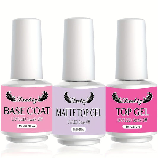 Gel Polish Base Coat Set, 3pcs 0.51oz Base Gel And No-Wipe Gel Top Coat Matte Coat, Long-Lasting Shine, Soakable LED Nail Lamp Gel Polish Nail Art Designs Women's Nail Art Gift
