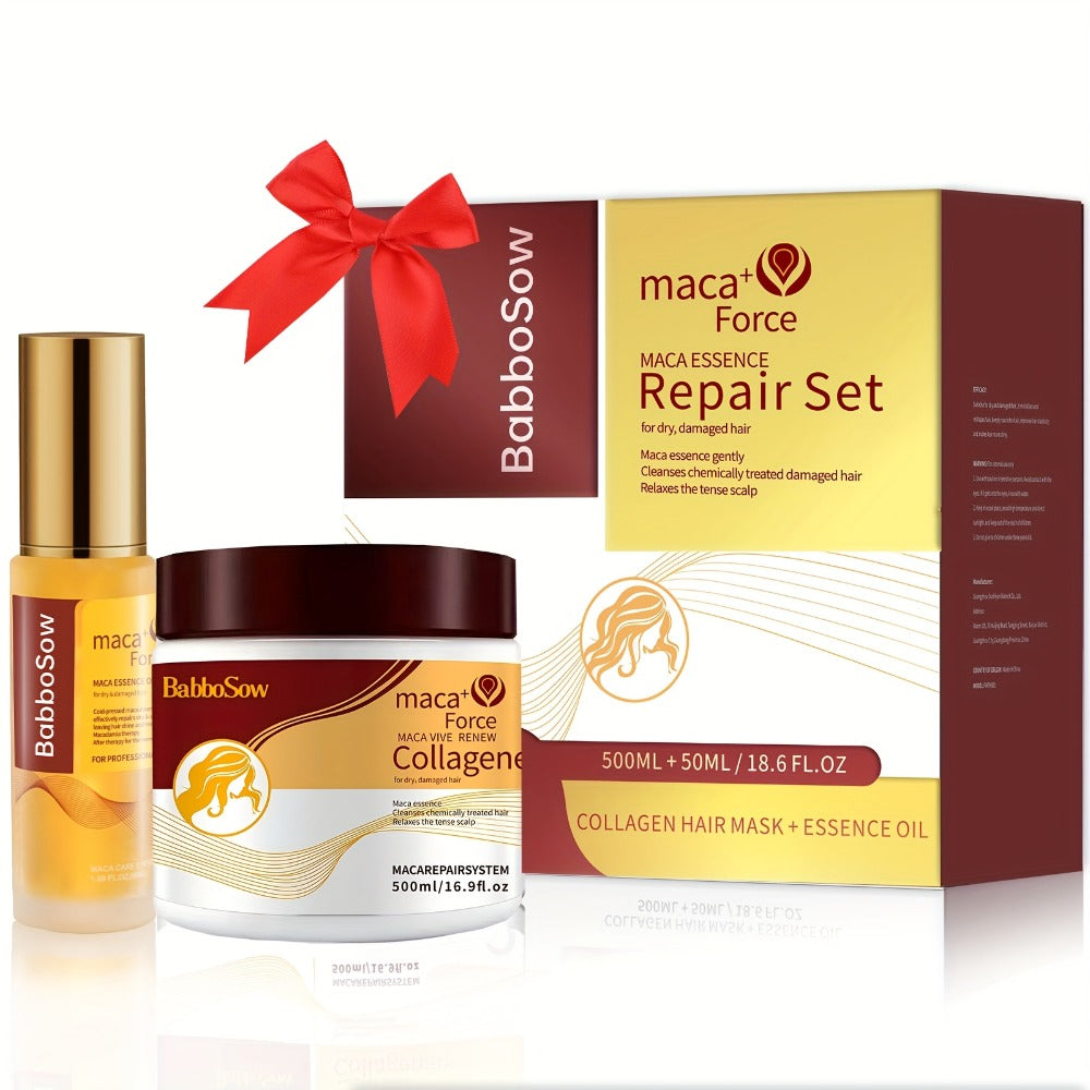 Hair Mask with Argan Oil Set — Collagen & Keratin Deep Conditioning Treatment, Repairs Damaged Dry Hair, Restores Shine & Strength, Maca Collagen Essence, 500ml + Essential Oil, Gift for Women